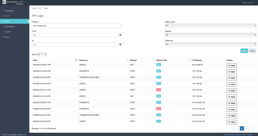 In the API Logs page, developers can inspect any event which occurs in the program at any given time. Developers will be presented with a summary view, or they can expand to view the full details.