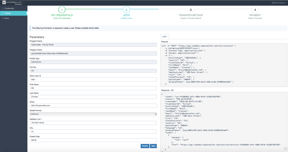 Using our API Tutorials, devs can easily create a user. As the form is populated, the API request is dynamically created on the right pane. The developer can then press ‘submit’ to send the API request to the Hyperwallet Snadbox environment, and the API response will be displayed in real-time.